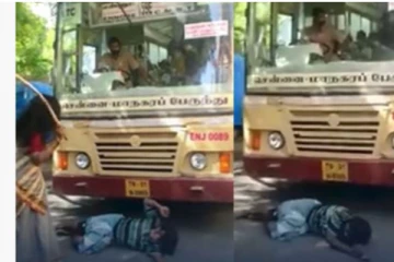 போதையில் பேருந்து முன் படுத்து ரகளை செய்த நபர் - தடியடி நடத்தி விரட்டிய சிங்கப்பெண்!