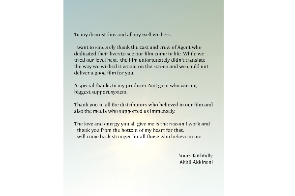 படுதோல்வியடைந்த வாரிசு நடிகர் அகிலின் ஏஜென்ட் திரைப்படம்.. தோல்விக்கு பின் செய்த விஷயம் | After Failure Of Agent Movie Akhil Letter To Fans