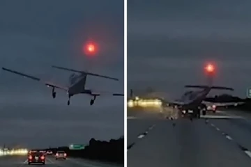 நெடுஞ்சாலையில் காரின் மீது தரையிறங்கிய விமானம்: அதிர்ச்சியூட்டும் வீடியோ காட்சி