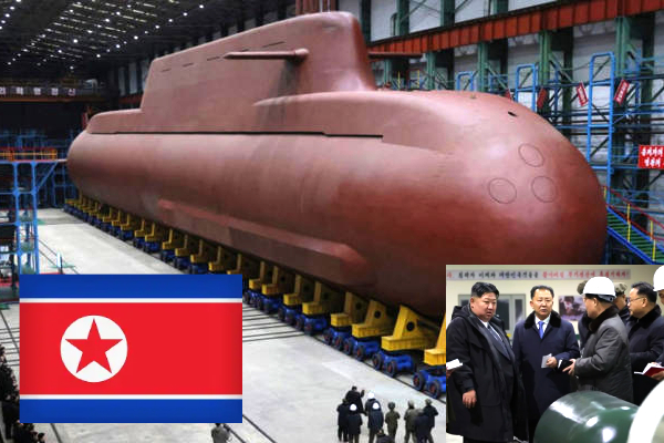 North Korea nuclear-powered submarine unveiled, Kim Jong Un, Pyongyang 8,700 ton guided-missile submarine Virginia-class size, Kim Jong Un defense policy strongest offensive power, North Korea vs South Korea naval arms race tensions, Nuclear submarine Asia security balance Korean Peninsula, North Korea submarine launch within two years experts, KCNA images Kim Jong Un daughter succession speculation, US South Korea nuclear submarine approval Trump administration, North Korea five-year military buildup missiles destroyers, Pyongyang nuclear fleet expansion global security concerns