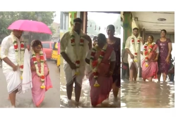 கொட்டும் மழையில் நனைந்து குடைப்பிடித்து சென்ற புதுமணத்தம்பதி - வைரலாகும் வீடியோ