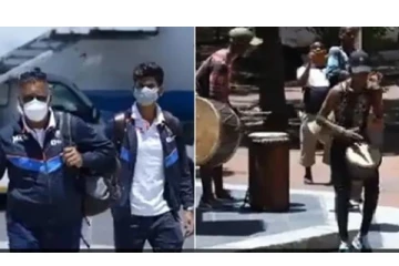 ‘’ வாங்க மக்கா வாங்க  ஆட்டம் பாக்க வாங்க ‘’  - இந்திய கிரிக்கெட் வீரர்களுக்கு டிரம்ஸ் இசை முழங்க உற்சாக வரவேற்பு