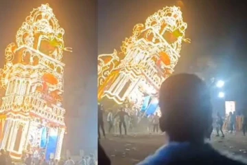 திடீரென சரிந்து விழுந்த 60 அடி உயர தேர் ; சூழ்ந்திருந்த பக்தர்களுக்கு நடந்த சம்பவம்