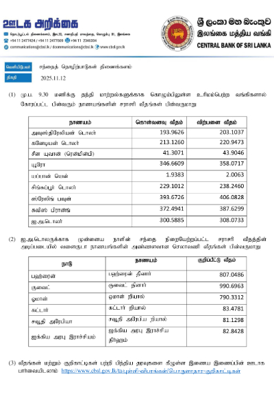 இலங்கை மத்திய வங்கி வெளியிட்ட இன்றைய நாணய மாற்று விகிதம் | Today Currency Exchange Rate Srilanka இலங்கை மத்திய வங்கி வெளியிட்ட இன்றைய நாணய மாற்று விகிதம் | Today Currency Exchange Rate Srilanka