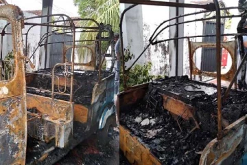 முச்சக்கர வண்டிக்கு தீ வைத்த விசமிகள்; வீட்டு சுவரில்  ஒட்டப்பட்டிருந்த  எச்சரிக்கை கடிதம்