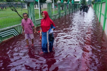 ரத்த சிவப்பு வெள்ளத்தில் மூழ்கிய கிராமம்! என்ன காரணம்? திகிலூட்டும் புகைப்படம்