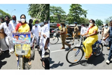 சைக்கிள் ஓட்டி வந்த பிரேமலதா விஜயகாந்த் - பெட்ரோல், டீசல் விலை உயர்வை கண்டித்து ஆர்ப்பாட்டம்!