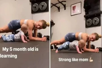 5 மாத குழந்தை தாயுடன் சேர்ந்து உடற்பயிற்சி : வைரலாகும் வீடியோ