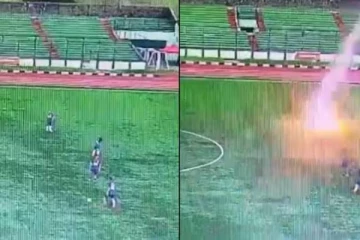 கால்பந்து வீரரை தாக்கிய மின்னல்; உறைந்த பார்வையாளர்கள் - அதிர்ச்சி வீடியோ!