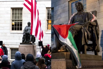 அமெரிக்க கொடியை அகற்றிவிட்டு பாலஸ்தீன கொடியை ஏற்றிய போராட்டக்காரர்கள்., ஹார்வர்ட் பல்கலைக்கழகத்தில் சலசலப்பு