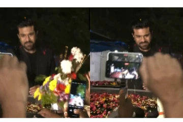 நடிகர் ராம்சரனுக்கு ரசிகர்கள் மலர்களை தூவி உற்சாக வரவேற்பு...