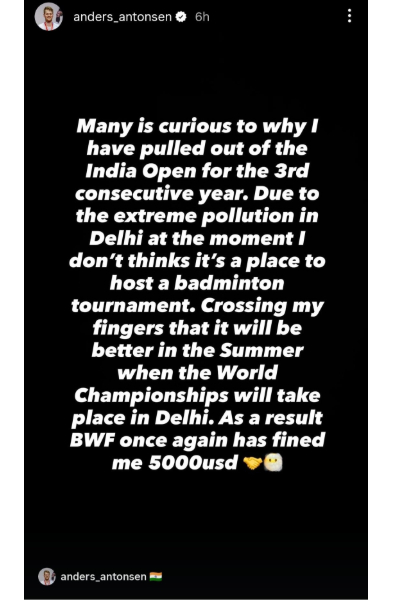 போட்டி நடத்த தகுதியான இடமில்லை - இந்திய ஓபனில் இருந்து விலகிய உலக சாம்பியன் | Anders Antonsen Left India Open For Air Pollution