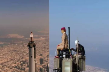 828 மீட்டர் உயர கட்டட உச்சியில் ஏறி பரபரப்பை ஏற்படுத்திய  பெண்!