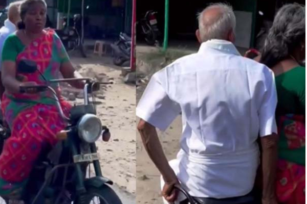 வயதான காலத்தில் தனது கணவரை வைத்து டூவிலரில் பறந்த பெண்! சிலிர்க்க வைக்கும் காட்சி | Women Two Wheeler Drive With Husband Viral Video