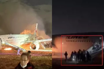 ஜப்பானில் பற்றி எரியும் விமானத்திலிருந்து மீட்கப்படும் பயணிகள் : பதற வைக்கும் காணொளி