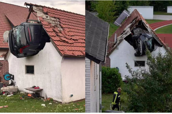 car crashes in germany into roof