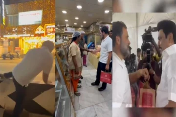 My Brother Stalin! டிவைடரை தாண்டி குதித்து ஸ்டாலினுக்காக ஸ்வீட் வாங்கிய ராகுல்காந்தி (வீடியோ)