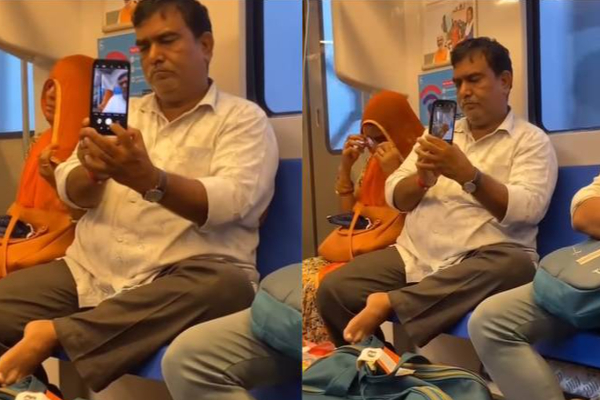 மனைவியுடன் செல்ஃபி எடுக்க பரிதவித்த கணவர் - இணையத்தில் வைரலாகும் வீடியோ | Husband Selfie Metro Train Wife Viral Video