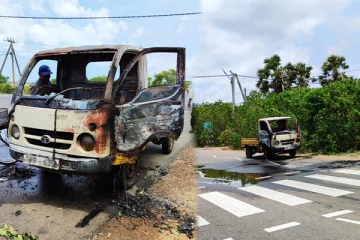 யாழ்.பருத்தித்துறை வீதியில் தீப்பற்றி எரிந்த வாகனம்(Photos)