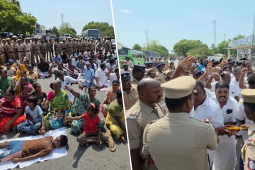 இலங்கை சிறையில் உள்ள கடற்றொழிலாளர்களை விடுவிக்க கோரி பாம்பன் பாலம் முன் போராட்டம்