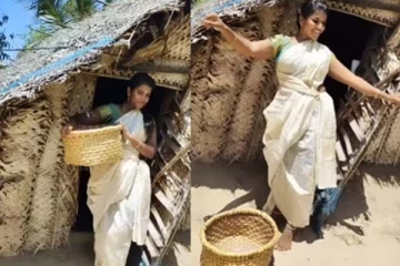 குடிசையிலிருந்து வெளிவந்த அழகிய கிராமத்து இளம்பெண்: கண்டாங்கி புடவையில் அசத்தல் நடனம்