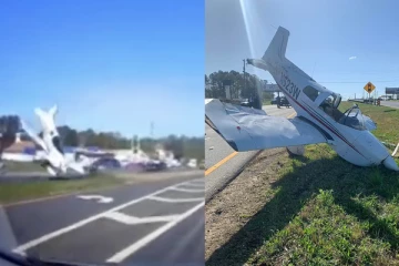 மின்கம்பியில் உராய்ந்தபடி நெடுஞ்சாலையில் விழுந்த விமானம்: கமெராவில் சிக்கிய காட்சி