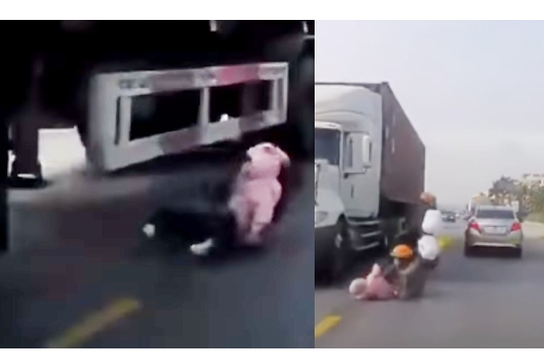 வேகமாக வந்த லாரி... விபத்தில் குழந்தை உயிரை நொடிப்பொழுதில் காப்பாற்றிய தாய் - திக்...திக்.. வீடியோ வைரல் - தமிழ்நாடு