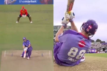 கீழே விழுந்து பின்னால் சிக்ஸர் அடித்த கேப்டன்! மிரட்டல் வீடியோ