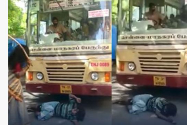 போதையில் பேருந்து முன் படுத்து ரகளை செய்த நபர் - தடியடி நடத்தி விரட்டிய சிங்கப்பெண்! | Person Lying In Front Of The Bus And Making