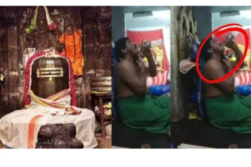 கோவில் கருவறையில் அமர்ந்து அருந்திய பூசாரி - வீடியோவில் பதிவான அதிர்ச்சி காட்சிகள்!