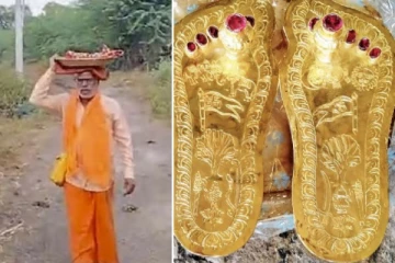 தங்க காலணியை தலையில் ஏந்தி நடைப்பயணம்: அயோத்தி ராமர் கோயிலுக்கு பக்தர் காணிக்கை