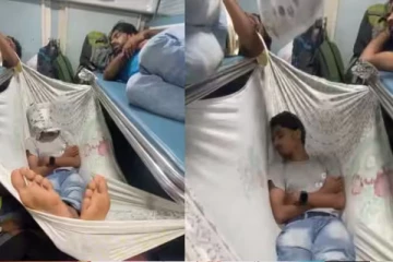 ரயிலில் அந்தரத்தில் தொங்கியபடி தூக்கம்... இளைஞரை புகழ்ந்து தள்ளும் நெட்டிசன்கள்