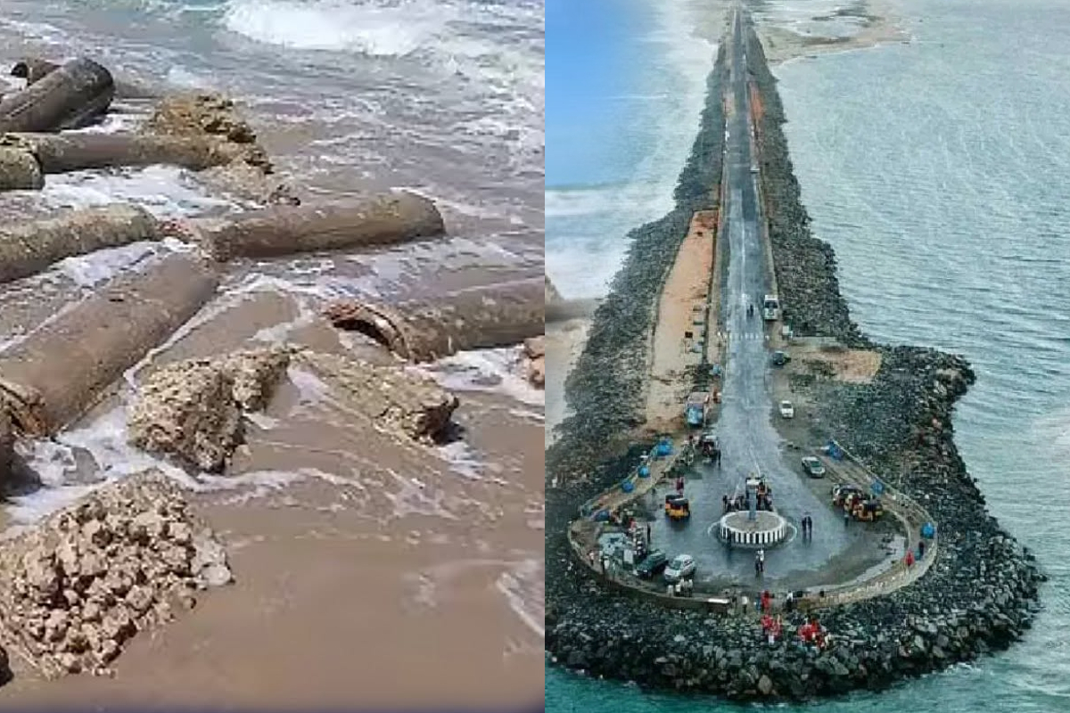 தனுஷ்கோடியில் 62 ஆண்டுகளுக்குப் பிறகு வெளிப்பட்ட தரைப்பாலம்! ஆச்சர்யத்தில் மக்கள் | Causeway Emerges In Dhanushkodi After 62 Years தனுஷ்கோடியில் 62 ஆண்டுகளுக்குப் பிறகு வெளிப்பட்ட தரைப்பாலம்! ஆச்சர்யத்தில் மக்கள் | Causeway Emerges In Dhanushkodi After 62 Years