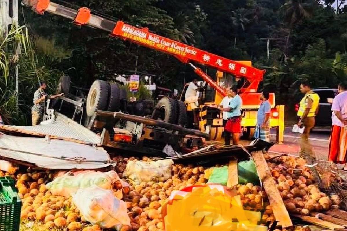 தேங்காய்களை ஏற்றிச் சென்ற லொறி கவிழ்ந்து கோர விபத்து! இருவர் படுகாயம் | Accident Lorry Carrying Coconuts Overturns தேங்காய்களை ஏற்றிச் சென்ற லொறி கவிழ்ந்து கோர விபத்து! இருவர் படுகாயம் | Accident Lorry Carrying Coconuts Overturns