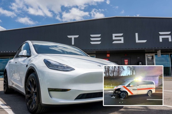 சுவிஸில் பொலிஸ் வாகனம் மீது மோதிய டெஸ்லா கார்! நூலிழையில் உயிர் தப்பிய காவலர் | Tesla Car Crash On Police Vehicle In Swiss சுவிஸில் பொலிஸ் வாகனம் மீது மோதிய டெஸ்லா கார்! நூலிழையில் உயிர் தப்பிய காவலர் | Tesla Car Crash On Police Vehicle In Swiss
