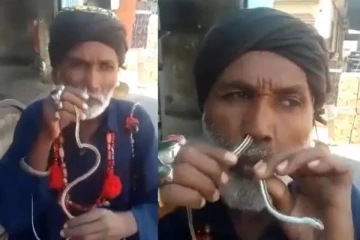 உயிருள்ள பாம்பை மூக்கில் நுழைத்து வாயில் எடுக்கும் நபர்! ஓர் திகில் வீடியோ