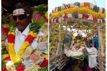 அம்மனுக்கு பாடையில் பிணமாக வந்து காணிக்கை செலுத்திய பக்தர்!