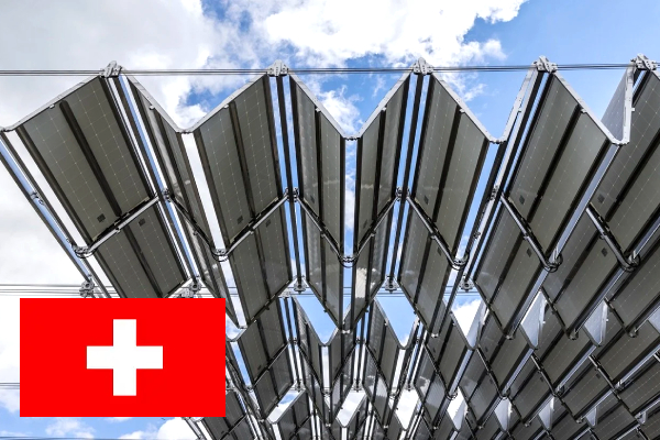 Switzerland foldable solar roof, World’s largest solar project 2025, Uetendorf solar canopy Switzerland, Horizon retractable solar system, dhp technology solar innovation, Renewable energy Switzerland, Solar power wastewater plant, Foldable PV roof Switzerland, Europe clean energy projects, Solar energy infrastructure design