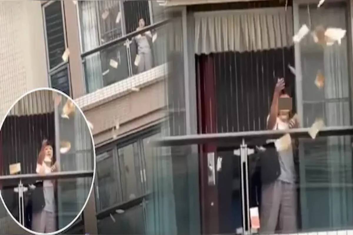 அடுக்கு மாடியில் இருந்து பணத்தை கட்டுக்கட்டாக தூக்கி வீசிய பெண் - வைரல் வீடியோ | Woman Who Threw Money From Apartment Viral Vdo