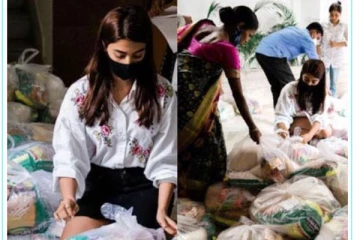 100 குடும்பங்களுக்கு ஒரு மாதத்திற்கு தேவையான அத்திவாசிய பொருட்கள் அளித்து உதவிய நடிகை பூஜா ஹெக்டே..!