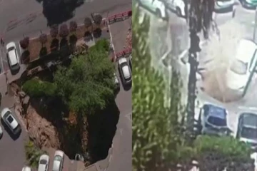 திடீரென வீதியில் ஏற்பட்ட ராட்சத பள்ளம்..கார்கள் கவிழ்ந்து விபத்து