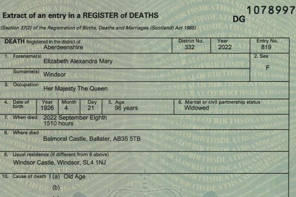 வெளியானது எலிசபெத் ராணியின் இறப்பு சான்றிதழ் | Queen Elizabeth S Death Certificate