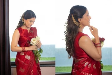 சிவப்பு நிற சேலை, கையில் பூ! வெட்கத்துடன் நடிகை வாணி போஜன்.. லேட்டஸ்ட்