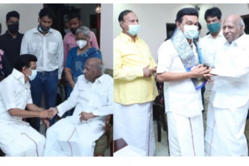 ஆற்காடு வீராசாமி இல்லத்திற்கு நேரில் சென்று வாழ்த்து பெற்றார் ஸ்டாலின்!