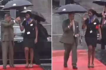 குடையைப் பறித்துக்கொண்டு பெண்ணை மழையில் நனையவிட்ட ஒரு நாட்டின் பிரதமர்: எழுந்துள்ள சர்ச்சை