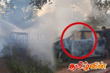 வவுனியாவில் மோட்டார் சைக்கிளுடன் கார் மோதி தீப்பற்றி எரிந்து நாசம்: இருவர் காயம்