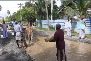 யாழில் வீதியில் நெல் விதைத்து விவசாயிகளால் நூதன முறையில் போராட்டம்!