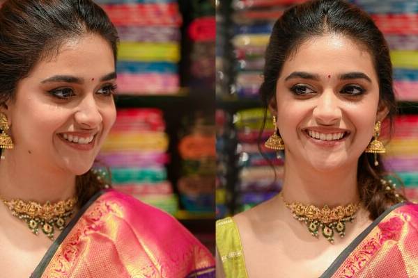 பிங்க் நிற சேலையில் அழகு பசுமையாகவே மாறிய கீர்த்தி சுரேஷ்! வைரலாகும் காணொளி | Ackeerthy Suresh In Pink Saree Makeup Video Viral