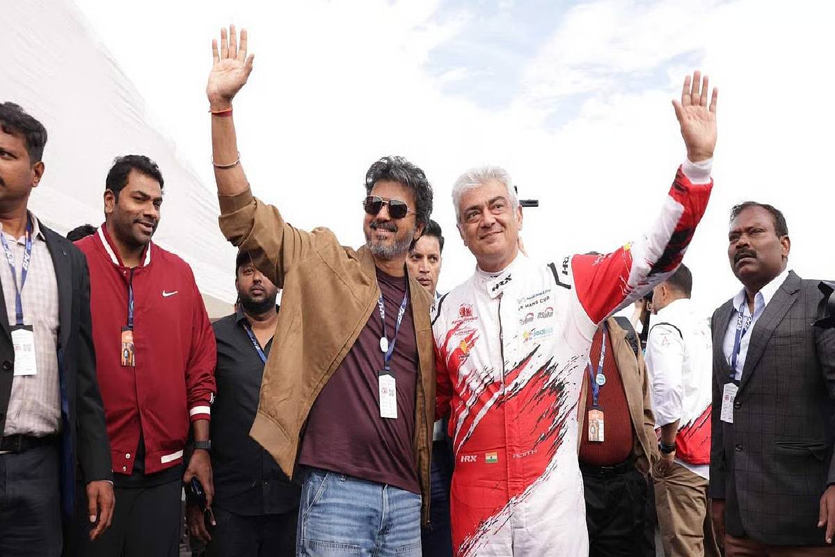 சர்ச்சைகளுக்கு நடுவில் விஜய் - த்ரிஷா ஜோடியாக அஜித்தின் கார் பந்தயத்தில் : வைரலாகும் புகைப்படங்கள் | Cm Vijay Actress Trisha Watching Ajith Car Race