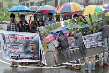 அனோஜனின் விடுதலைக்காக கொட்டும் மழையிலும் போராட்டம்